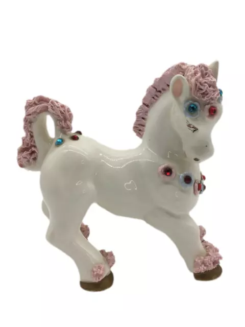 Vintage 1950's Spaghetti Horse White Ceramic Pink Spaghetti Detailed Rhinestones