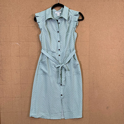 Monteau LA Women's Small Mint And White Polka Dot Midi Dress Tie Belt NWOT