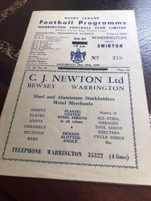 Warrington v Swinton  Rugby League Programme May 25th 1963