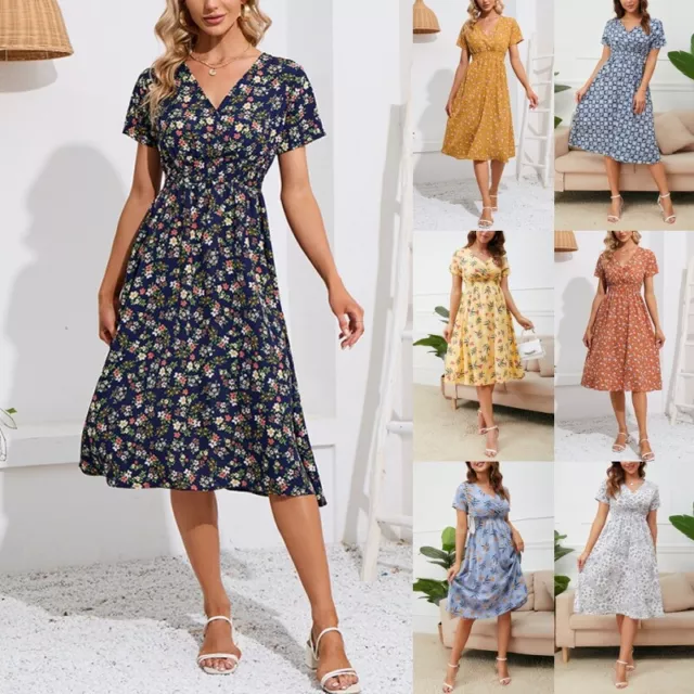 Womens Boho Floral V Neck Midi Dress Ladies Casual Holiday Beach Swing Dresses