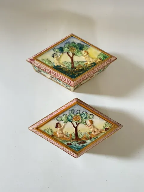 Vintage Lot of 2 Diamond Shaped Porcelain Trinket Box | Hand Painted in Italy