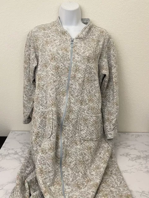 MISS ELAINE Long Sleeve Plush Fleece Zip Front Robe Nightgown Medium Floral I