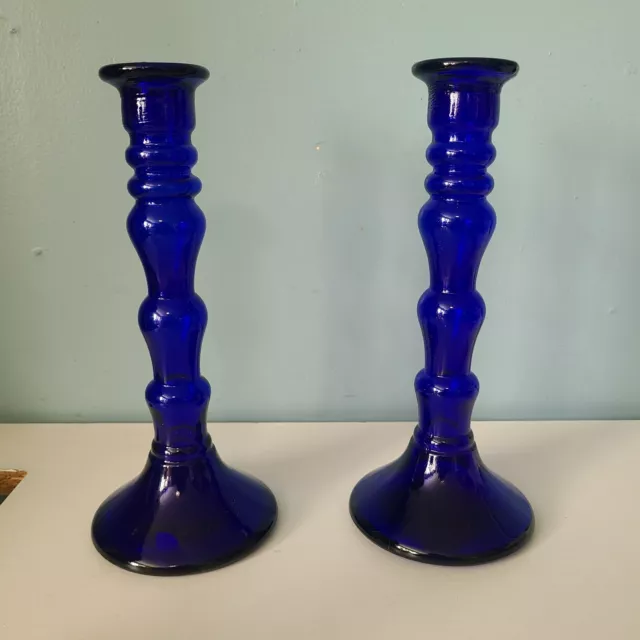 Candlesticks Candle Holders Pair Vintage Cobalt Blue Pressed Glass 9 inch