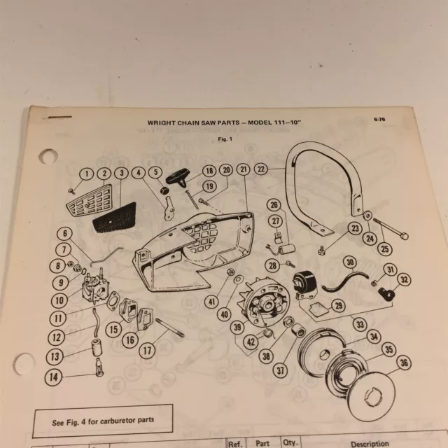 1976 Wright Model 111 10" Chain Saw Parts List 63309