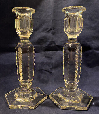 Beautiful Early American Zipper Glass Hexagonal Candlesticks  EAPG Clear (WW610)