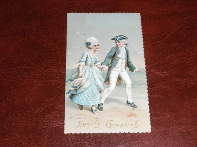 Original  Victorian Embossed Greetings Card - Young Couple By The Sea.