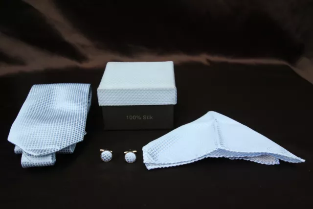 Thailand Light Blue Silk Tie / Cufflinks / Handkerchief  Box Set