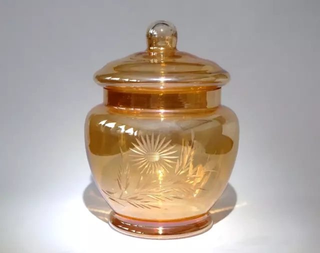 Vintage - 1960's Etched, Peach Lustre, Iridescent, Lidded Glass Jar, Carnival