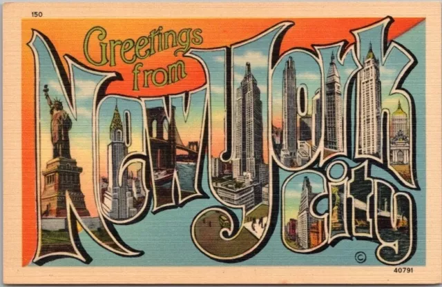 NEW YORK CITY Large Letter Greetings Postcard Manhattan Post Card Co. Linen