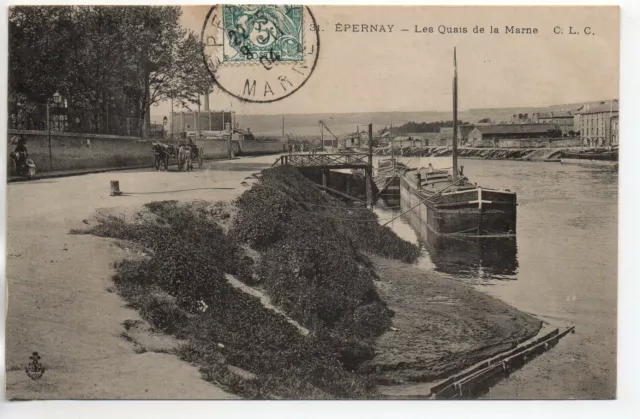 EPERNAY - Marne - CPA 51 - Péniches - bords de Marne  - quais déchargement