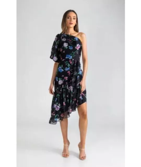 SHOSHANNA Gia Black Floral Asymmetric One Shoulder Dress Size 6