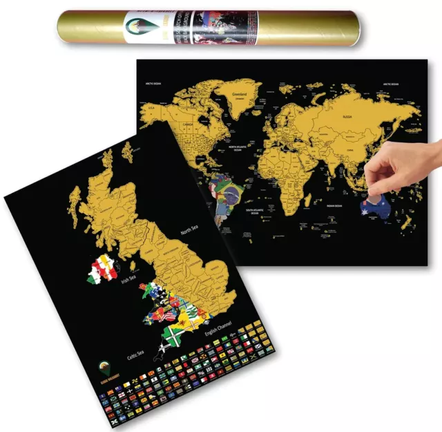 Scratch Off World Map and UK Map with Flags Black Global Walkabout