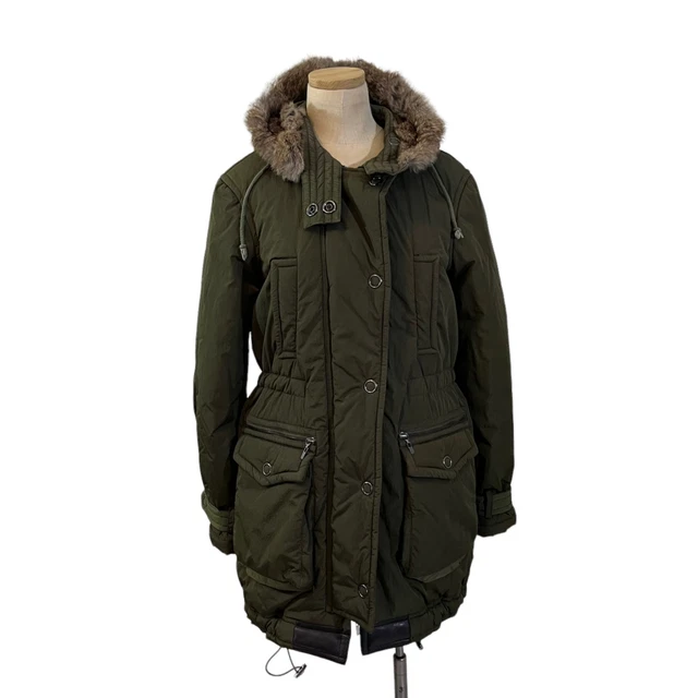 Theory green puffer coat long fur trim hood Women's small