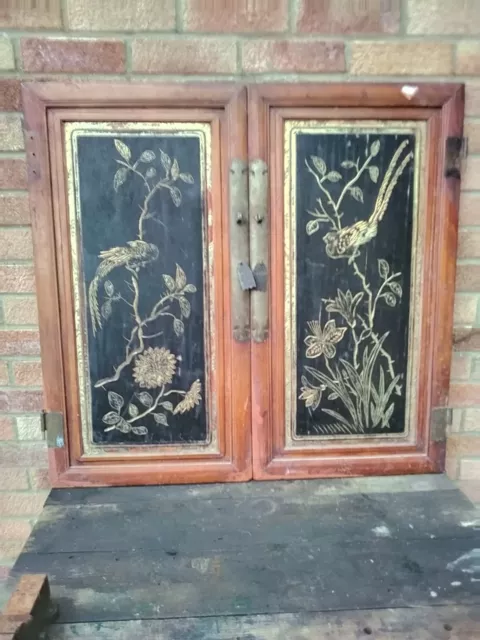 Antique Architectural Vintage -  Carved Oriental Wooden Panels x 2