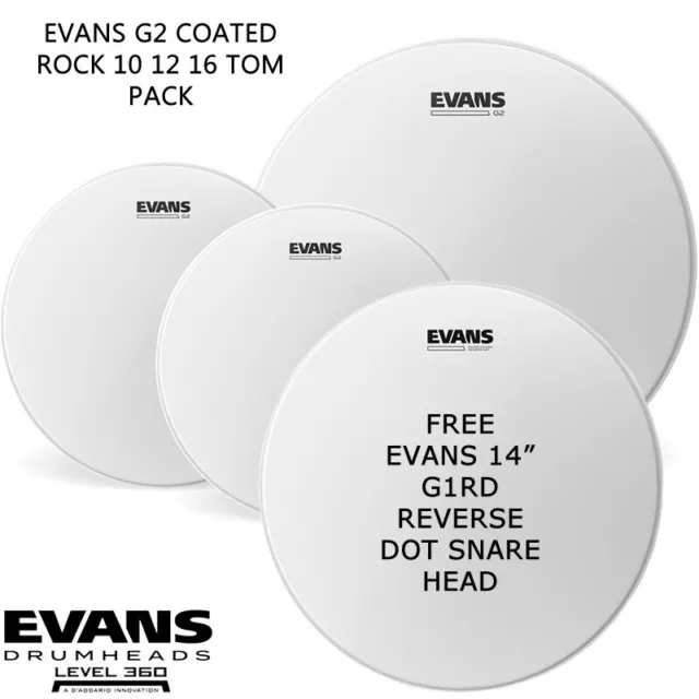 Evans G2 Coated Rock Size + 14 inch Reverse Dot Snare Drum pack 10 12 16 EPP-G2C