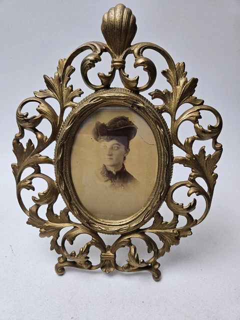 Antique Ornate Cast Iron Oval Picture Frame Victorian Easel Frame Gold Brass