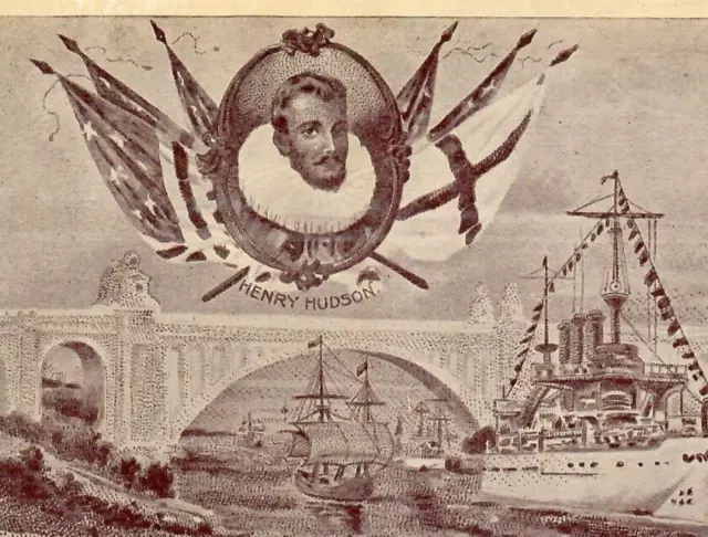 Vintage Postcard Henry Hudson Memorial Bridge to be Erected New York NY Ships