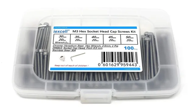 iexcell 100 Pcs M3 x 30/35/40/45/50 Stainless Steel 304 Hex Socket Head Cap