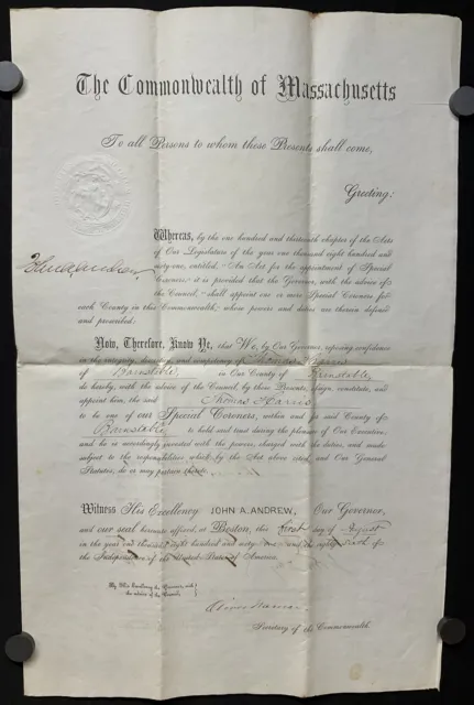 Governor John A. Andrew & Oliver Warner Massachusetts Historical Document Signed