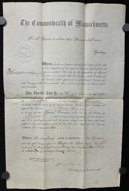 Governor John A. Andrew & Oliver Warner Massachusetts Historical Document Signed