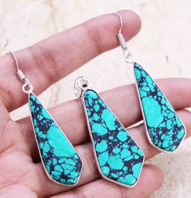 Turquoise Art Piece 925 Silver Plated Handmade Pendant & Earrings Set of 2.2"