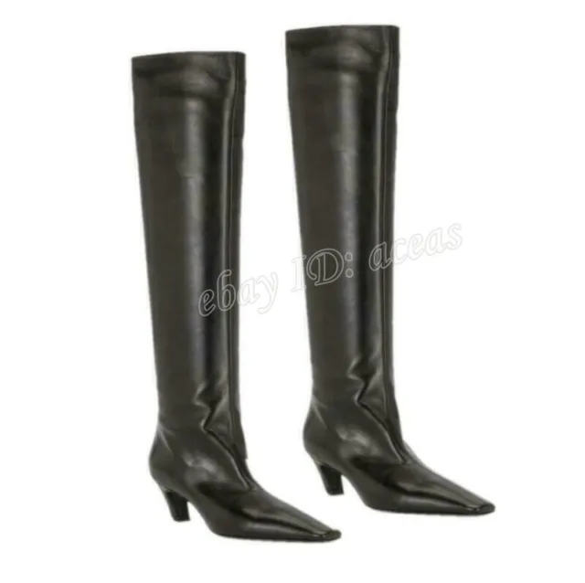 Ladies Western Faux Leather Kitten Heel Square Toe Knee High Boots Riding Casual