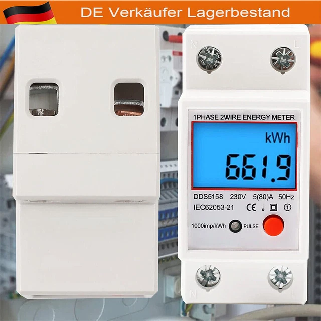 LCD Digitaler Stromzähler 5(80)A 220V - Geeichter 1-Phasen KWh Zähler Für Hutschienenmontage Mit Reset-Funktion