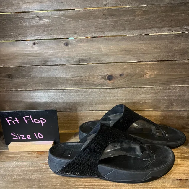 Womens FitFlop Electra Black Sequin Comfort Thong Flip Flops Sandals Size 10 M