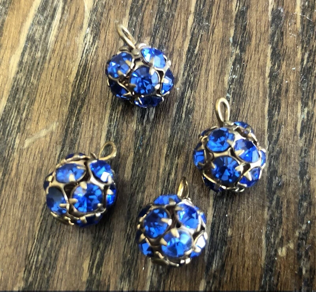 Vintage Brass Blue Rhinestone Crystal Prong Cluster Bead Ball Charm Drops Lot