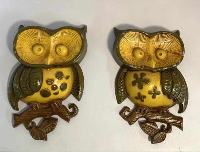 Vintage 1970’s Sexton Owls Cast Aluminum Wall Art Decor Green Yellow Brown Aged