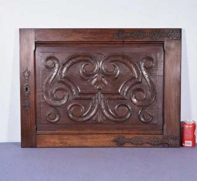 Large Gothic Carved Architectural Door Panel in Solid Oak Wood with Iron