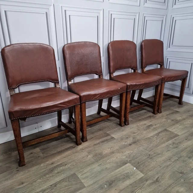 ANTIQUE VINTAGE SOLID Wood Dining Chairs - Set Of 4 - Leather Oak - Art Deco £169.99 - PicClick UK
