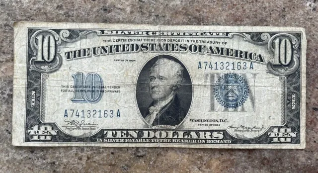 1934 $10 Silver Certificate United States Note Blue Seal with Alignment Errors