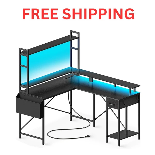 L SHAPED DESK Corner Gaming Desk LED Lights & Power Outlets with