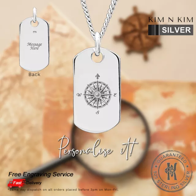 Personalised Compass Rose Dog Tag Necklace, North Star, Globetrotter✔️925 Silver