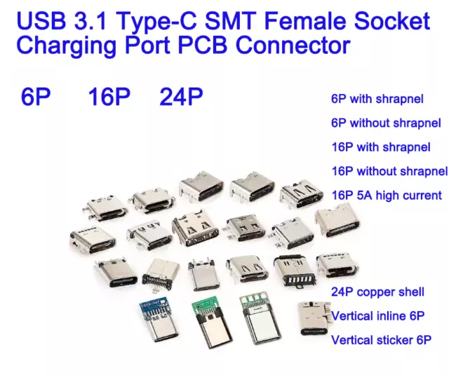 USB 3.1 Type-C SMT Female Socket Charging Port PCB Connector 6Pin 16Pin 24Pin