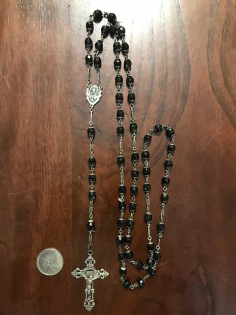 Black Beaded Rosary Vtg Sterling Silver Creed Crucifix 25" Catholic Religious