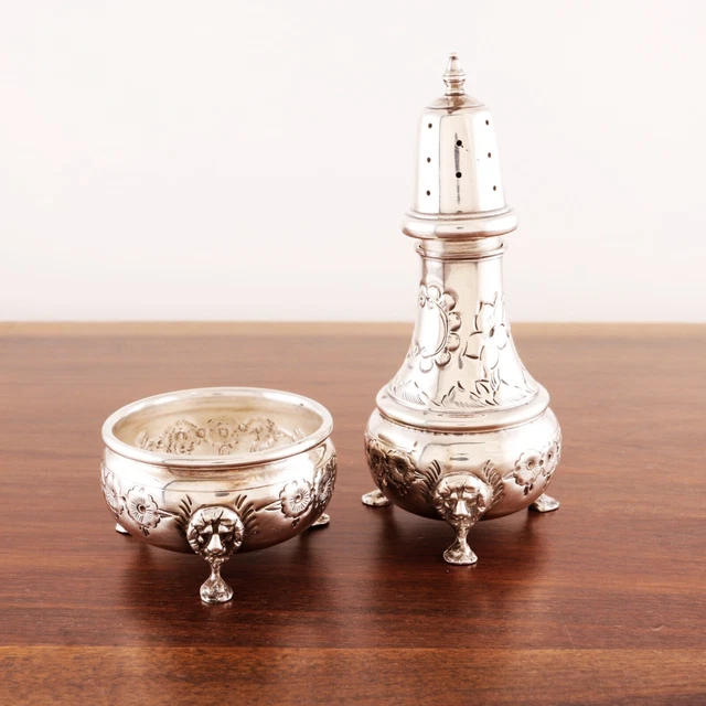 Baldwin & Miller Sterling Silver Salt Cellar Pepper Shaker Hand Chased Lion Feet