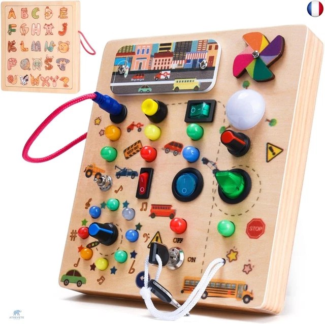 Jouet Bois 1 An Planche Montessori Konijiwa Avec Interrupteurs LED - Jouet Sensoriel Bois 1-4 Ans - Busy Board Horloge Activité Motricité Fine