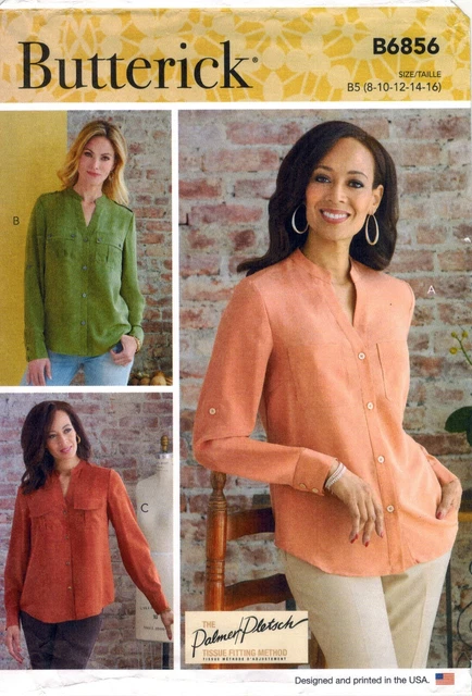 Butterick 6856 Misses' Button Front Top Band Collar Cuffs Sewing Pattern