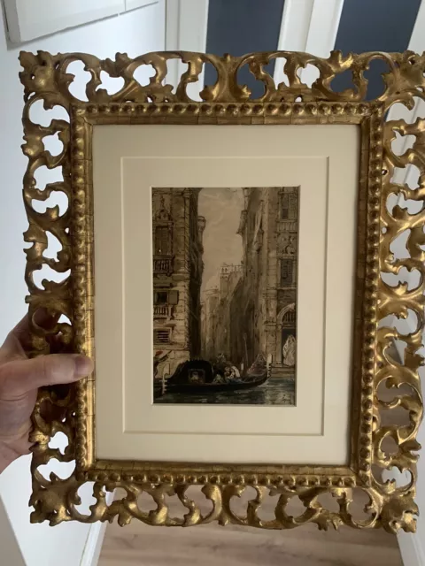 19th Century Antique watercolour of Venice in a carved florentine frame