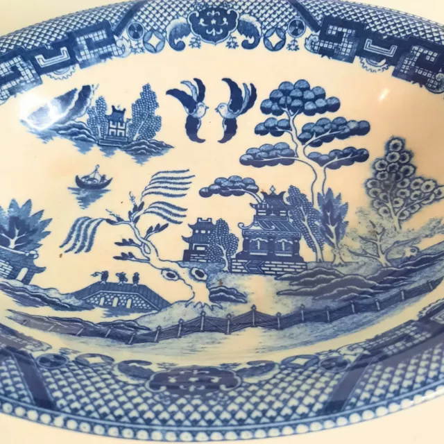 Antique Willow Blue Porcelain Serving Bowl LARGE Blue White Birds Chinese Asia *