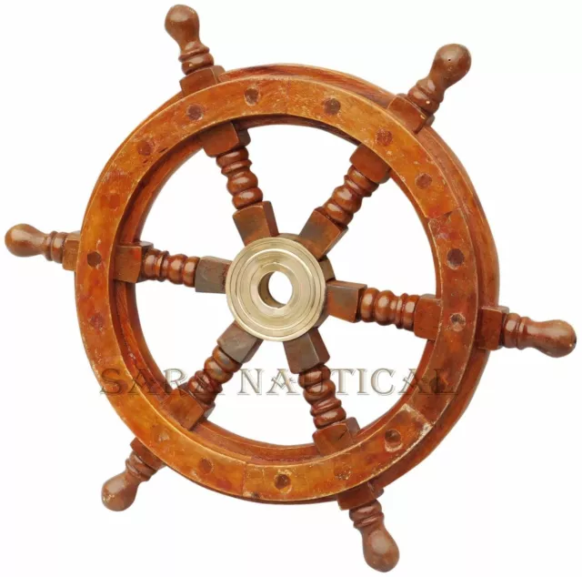 18" Brass Wooden Nautical Ship Steering Wheel Pirate Wood Wall Boat Decor Gift