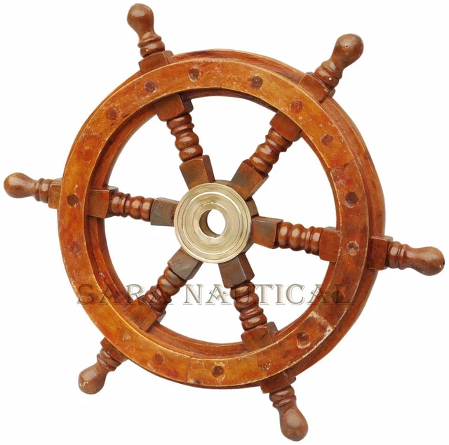 18& BRASS WOODEN Nautical Ship Steering Wheel Pirate Wood Wall Boat