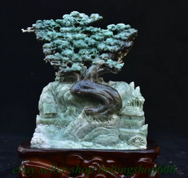 10.4" Chinese Natural Green Dushan Jade Carved Mountain Tree House Figure Statue