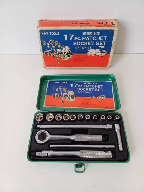Vintage Kay Tools 17 piece Ratchet Socket Set 1/4 Inch Drive Metric  Hand Tools