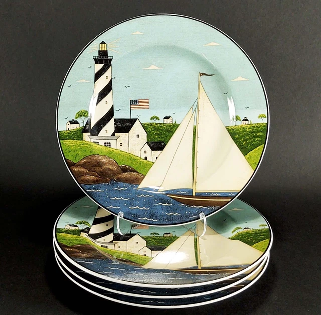 4 Sakura Warren Kimble Coastal Breeze Salad Plates Lighthouse Sailboat 8 1/4"