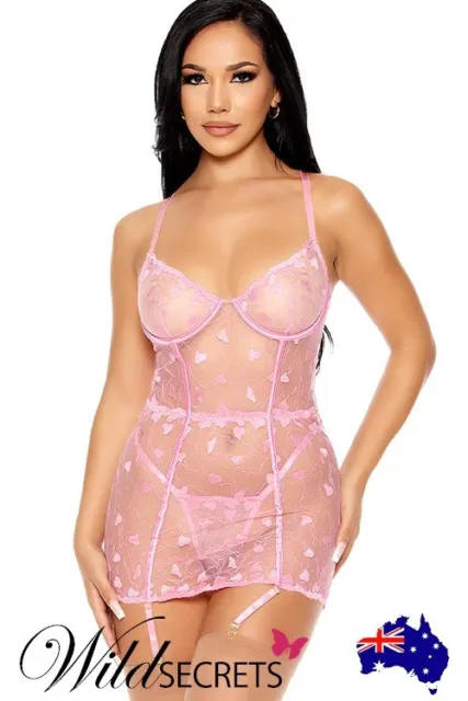NEW Forplay Heartbeat Harmony 2 Piece Pink Embroidered Chemise Set with