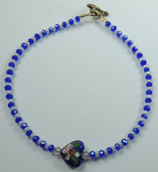 Anklet Blue Crystal Bead Cloisonne Heart Handcrafted Foot Jewelry Ankle Bracelet