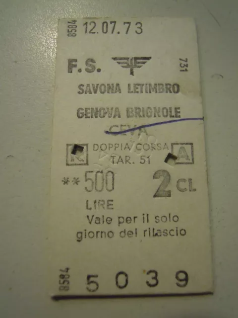 Biglietto Del Treno Cartonato - Savona Letimbro Genova Brignole Ceva - C10-301